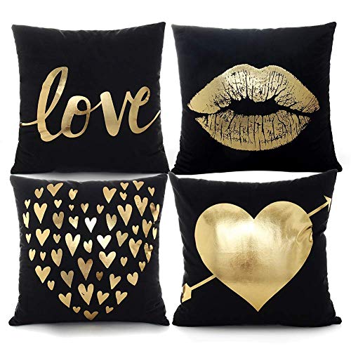 Product Cover YNester 4 Pack Bronzing Decorative Throw Pillow Case Cushion Covers, Love Lips Solid Cushion Covers Pillowcases for Sofa Bedroom Car Pillow Covers 18x18 Inch Black