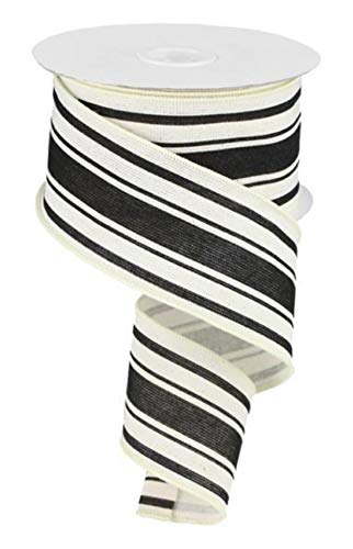 Product Cover Farmhouse Stripe on Cotton Wired Edge Ribbon - 2.5 Inches x 10 Yards (Ivory, Black)