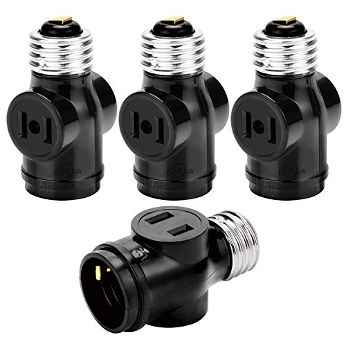 Product Cover E26 Socket to 2-Prong Outlet Adapter JACKYLED UL Light Bulb E26 Socket Adapter US Standard Screw Light Holder E26 to Outlet Splitter 2 Polarized Outlet Converter E26 Socket Adapter 4-Pack