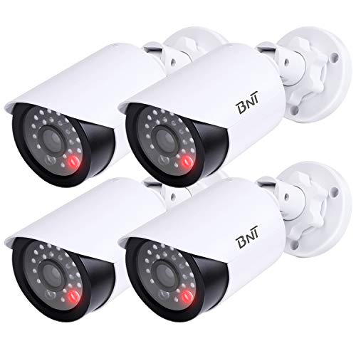 Product Cover BNT Dummy Fake Security Camera, with One Red LED Light at Night, for Home and Businesses Security Indoor/Outdoor (4 Pack, White)