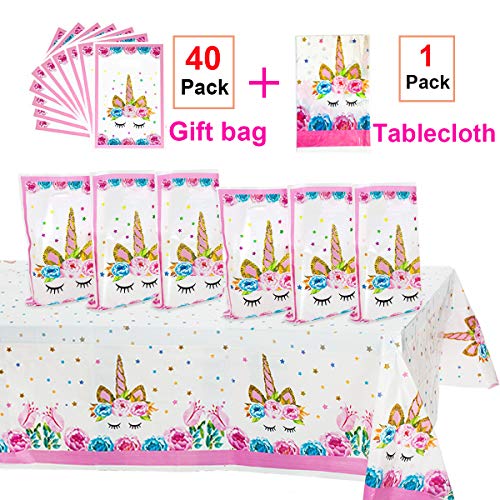Product Cover Unicorn Party Supplies,40 Pack Unicorn Plastic Party Bags & Unicorn Plastic Tablecloth Set,Unicorn Goodies Gift Treat Bags for Candy,Kids Girls Birthday,Party Favors,Cookies.Unicorn Table Cover for Baby Shower.