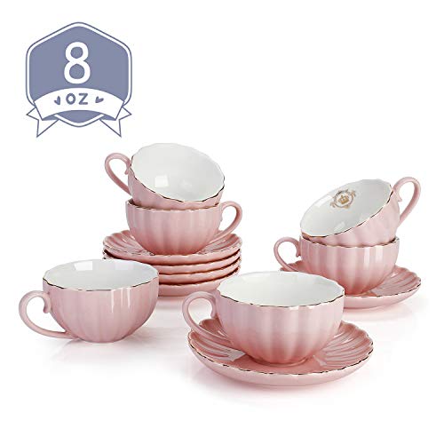 Product Cover Amazingware Royal Tea Cups and Saucers, with Gold Trim and Gift Box, British Coffee Cups, Porcelain Tea Set, Set of 6 (8 oz)- Pink