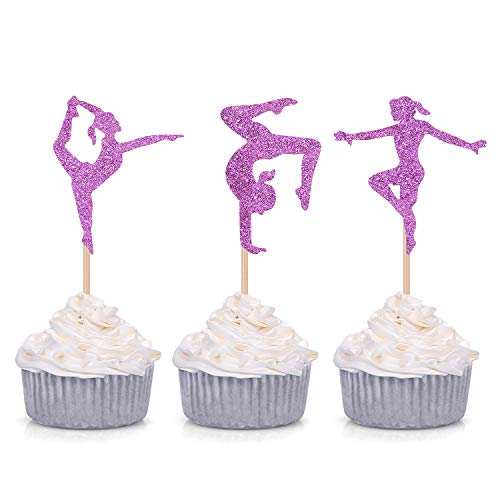 Product Cover 24 Counts Purple Glitter Gymnastics Cupcake Toppers Gymnast Girl Baby Shower Theme Party Supply Picks