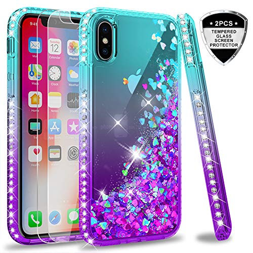 Product Cover LeYi iPhone X Case, iPhone Xs Case with Tempered Glass Screen Protector [2 Pack] for Girls Women, Glitter Liquid Cute Clear TPU Phone Case for Apple iPhone X/iPhone Xs/iPhone 10 ZX Teal/Purple