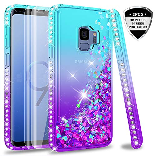 Product Cover Galaxy S9 Case (Not Fit S9 Plus) with 3D PET Screen Protector [2 Pack] for Girls Women, LeYi Glitter Bling Sparkle Diamond Liquid Quicksand Flowing Phone Case for Samsung Galaxy S9 ZX Teal/Purple