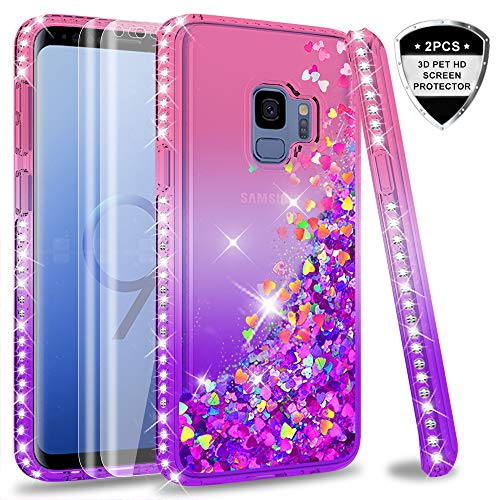 Product Cover Galaxy S9 Case (Not Fit S9 Plus) with 3D PET Screen Protector [2 Pack] for Girls Women, LeYi Glitter Bling Sparkle Diamond Liquid Quicksand Flowing TPU Phone Case for Samsung Galaxy S9 ZX Pink/Purple