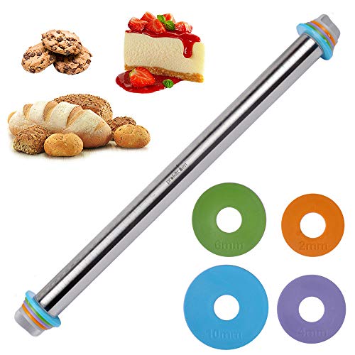 Product Cover 23.6 Inch Rolling Pin with Thickness Rings-Adjustable Stainless Steel Roller Guides Spacers Baking Tools for Dough Pizza Pie and Cookies by PROKITCHEN