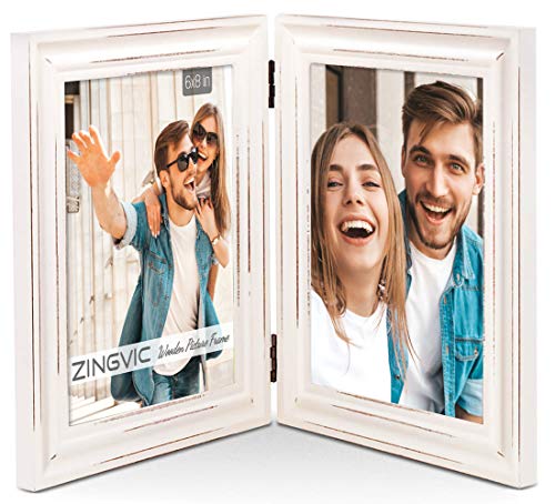 Product Cover ZingVic Vertical 6x8 Double Picture Frame, Ivory White Paint Finishes, Folding Beveled Wood Photo Frame, Display Two 4x6 Pictures with mat, Decorate on Desk or Tabletop