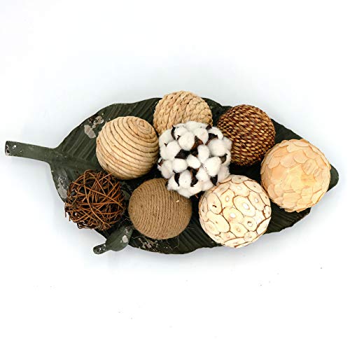 Product Cover idyllic Decorative Balls for Bowls Natural Wicker 3 Inches Rattan Woven Twig Orbs, String and Cotton Balls Spherical Vase Fillers for Centerpieces - Bag of 8 Brown and White