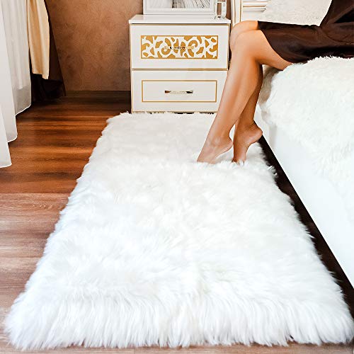 Product Cover Premium Faux Sheepskin Fur Rug White - 2.3x5 feet - Best Extra Long Shag Pile Carpet for Bedroom Floor Sofa - Soft Fur Area Rug