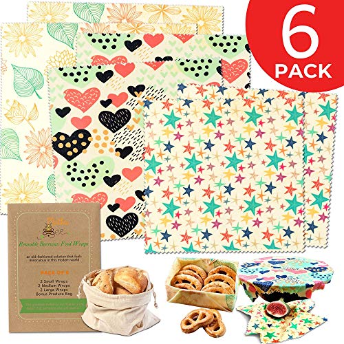 Product Cover Reusable Beeswax Food Wrap 6 Pack - Plastic Free Alternative to Saran Wrap, Eco-friendly Bee Wax Reusable Wraps - Biodegradable Bowl Covers, Sustainable Sandwich Wrappers - 2 L, 2 M, 2 S