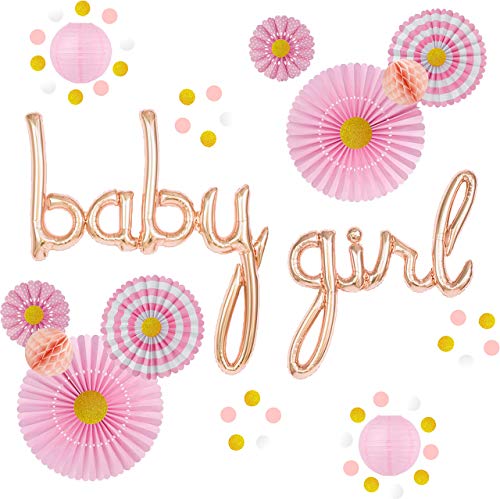 Product Cover Girl Baby Shower Decorations Set - Pink and Gold Party Supplies for It's a Girl Baby Sprinkles and Showers - Rose Gold Script Letters Balloons, Flower Paper Fans, Garland, Lanterns by Beedecor
