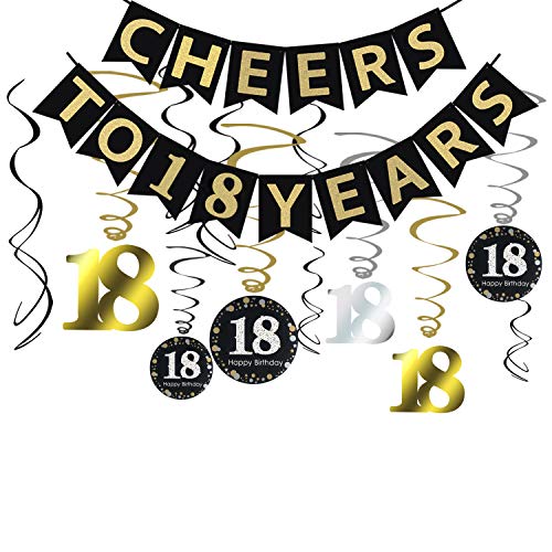 Product Cover Tuoyi 18th Birthday Party Decorations KIT - Cheers to 18 Years Banner, Sparkling Celebration 18 Hanging Swirls, Perfect 18 Years Old Party Supplies 18th Anniversary Decorations
