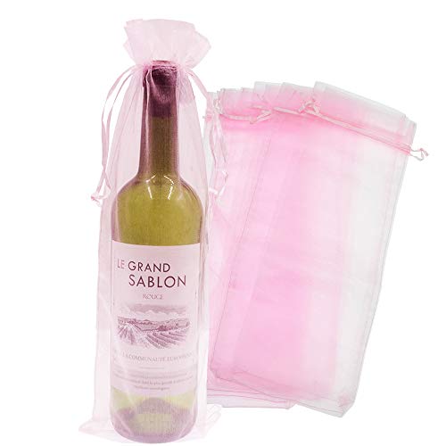 Product Cover Bezall 20pcs Drawstring Organza Wine Bottle Cover Pouch Christmas Wedding Favor Wrap Gift Bags Party Decoration 5.5 x 14.5 Inches (Pink)