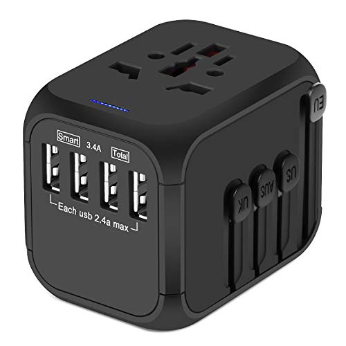 Product Cover Upgraded Universal Travel Adapter, Castries All-in-one Worldwide Travel Charger Travel Socket, International Power Adapter with 4 USB Ports, AC Plug for Over 150 Countries, Travel Accessories, Black