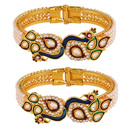 Product Cover Efulgenz Fashion Jewelry Indian Bollywood 14 K Gold Plated Faux Pearl Kundan Rhinestone Peacock Bracelet Bangle (2 Pc)