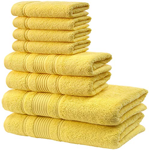 Product Cover Qute Home Towel Set; 2 Bath Towels, 2 Hand Towels, and 4 Washcloths | Spa & Hotel Towels Quick Dry 100% Turkish Cotton Towel Sets for Bathroom, Shower Towel (Yellow, Towel Set - Set of 8)