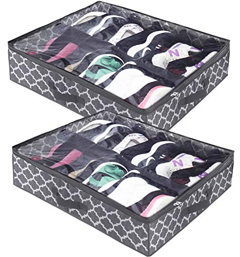 Product Cover Under Bed Shoe Storage Organizer, Underbed Shoes Containers Bin Box for Closet (2 Pack Fits 24 Pairs) with Clear Plastic Lid for Sneakers, Toys, Grey with Lantern Pattern