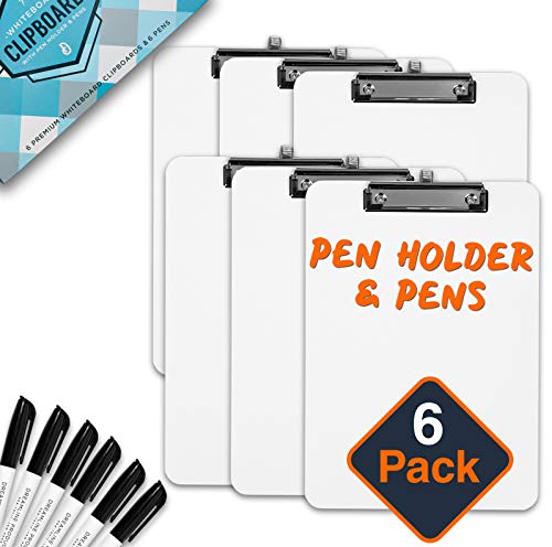 Product Cover Dry Erase Clipboard + Pen Holder + Markers (6pc) Set of 6 Clip Boards Multi Pack with Whiteboard Pens! 12.5 x 9 Inch, Holds 100 Sheets! Clipboards with Low Profile Clip Board Clips