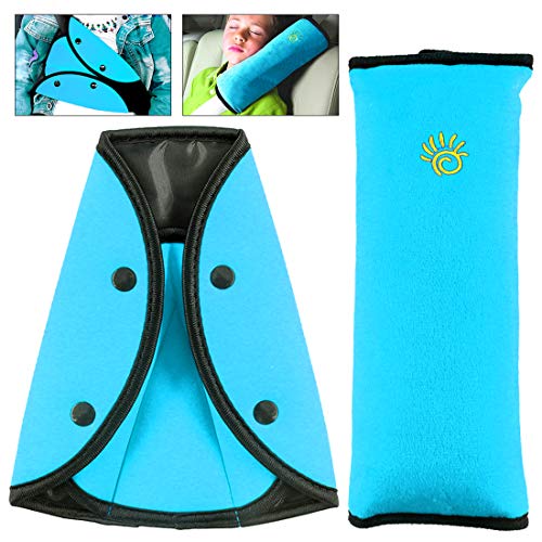Product Cover Keadic 2 - piece Seat Belt Pillow and Kids Seatbelt Adjuster Set, Soft Neck Support Headrest Seatbelt Pillow Cover and Seat Belt Adjuster for kids Toddlers Boys Girls Adults (Blue)