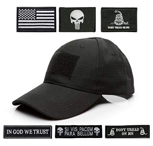 Product Cover Antrix Tactical Cap Tactical Hat Adjustable Operator Cap Outdoor Baseball Cap with 6 Pieces US Flag Punisher Don't Tread On Me Tactical Patches for Hiking Climbing Working Golf Etc -Army Black