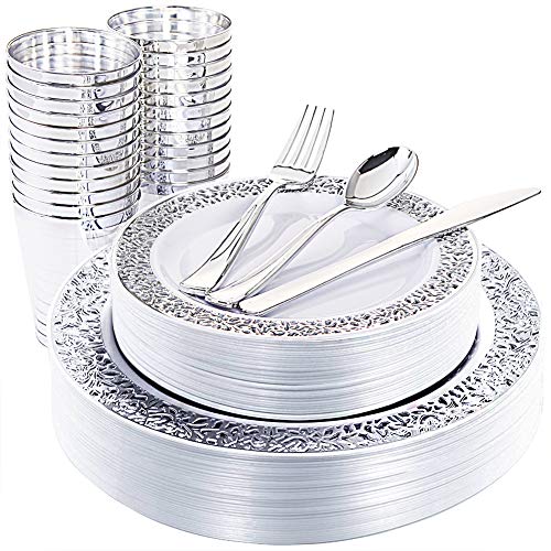 Product Cover WDF 25Guest Silver Plastic Plates with Disposable Plastic Silverware&Silver Rim Cups- include 25 Dinner Plates, 25 Salad Plates,25 Forks, 25 Knives, 25 Spoons&25 Plastic Cups