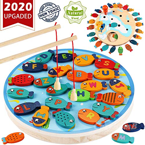 Product Cover CozyBomB Magnetic Wooden Fishing Game Toy for Toddlers - Alphabet Fish Catching Counting Preschool Board Games Toys for 3 4 5 Year Old Girl Boy Kids Birthday Learning Education Math with Magnet Poles