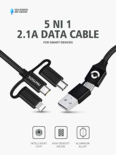 Product Cover SOSLPAI 5-in-1 Universal USB Charging Cable | Fast Sync & Charge Cables | Compatible with iPhone & Android | Lightning, USB, Micro USB, Type C (3ft)