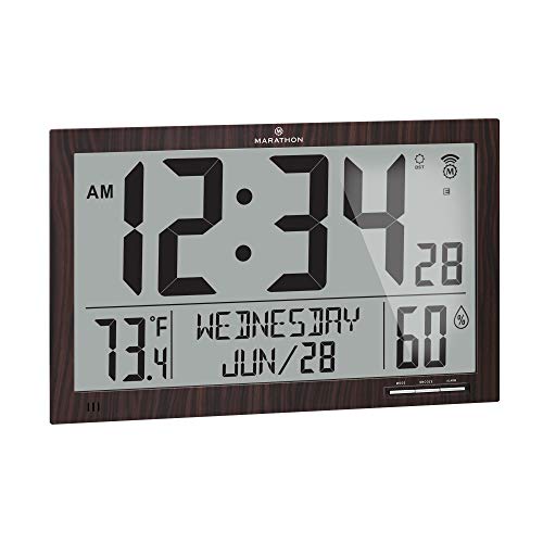 Product Cover Marathon Slim Atomic Wall Clock. Jumbo Full Calendar Display. Indoor Temperature & Humidity (New Full Date Display) - CL030062-FD-WD (Wood Grain Finish)