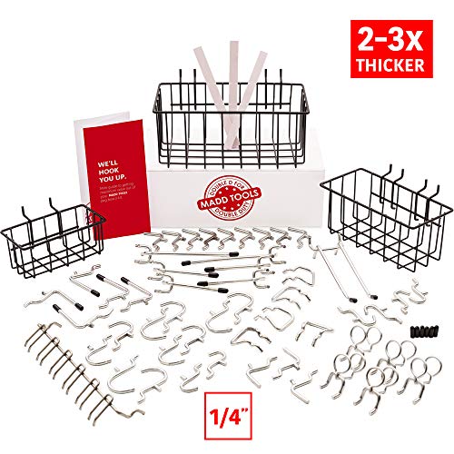 Product Cover Extra Thick 60pcs Pegboard Accessories Organizer Kit  | 1/4 Inch Peg Board Attachments  | Peg Board Hook Set and Pegboard Basket Set for Tools - Heavy Duty - Does Not Fall Out Off The Board