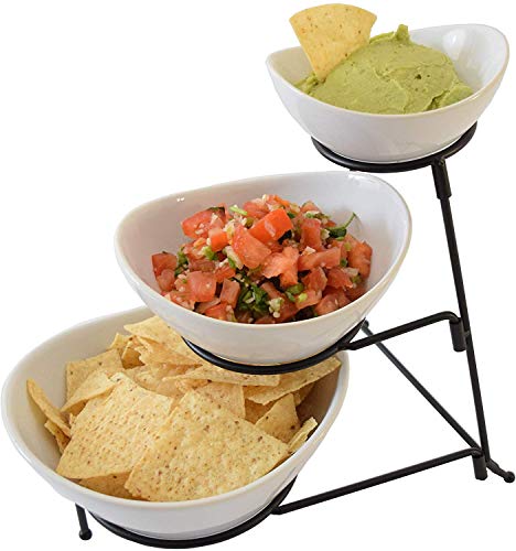 Product Cover 3 Tier Oval Chip And Dip Set Party Food Server Display Set Three Tiered Snack Server with metal rack