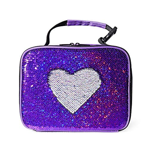 Product Cover Girls Sequin Lunch Box Kids Insulated Thermal Lunch Tote Bag Durable Flip Glitter Sequins Lunchbox for School Travel and Work