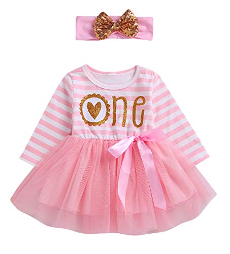 Product Cover Newborn Baby Girls Pink Striped Tutu Dress First Birthday Skirt Outfits Casual Donut Print Girls Clothes Headband 2Pcs Set (Striped ONE Long-Sleeve, 12-18Months)