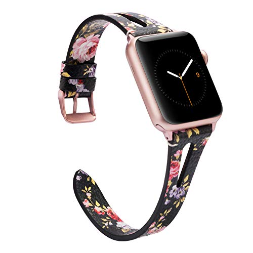 Product Cover Wearlizer Womens Floral Compatible with Apple Watch Band 38mm 40mm for iWatch Womens Top Grain Leather Strap Triangle Hole Stylish Wristband Dressy Replacement (Metal Rose Gold Clasp) Series 5 4 3 2 1