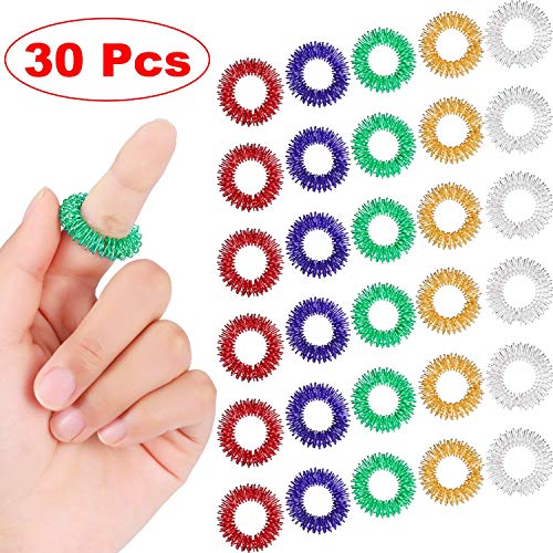 Product Cover 30 Pieces Spiky Sensory Finger Rings, Spiky Finger Ring/Acupressure Ring Set for Teens, Adults, Silent Stress Reducer and Massager (Multicolor)