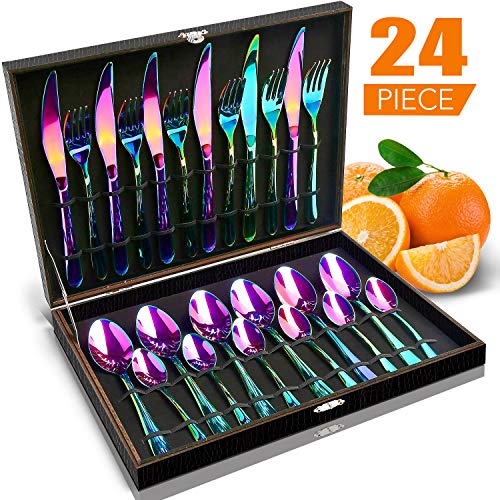 Product Cover Rainbow Silverware Set with High-grade Gift Box, HOBO 24-Piece Japan Stainless Steel Flatware Set Service for 6, Tableware Cutlery Include Knife/Fork/Spoon/Teaspoon for Housewarming Gift