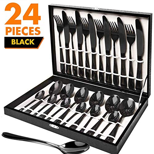 Product Cover Black Silverware Set, HOBO 24 Pieces Flatware Cutlery Set, Japan Stainless Steel Dinnerware Set,Tableware Set Service for 6, Include Knife/Fork/Spoon Set, with High-grade Wooden Box