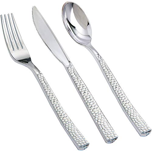 Product Cover 360 pcs Silver Plastic Cutlery, Elegant Plastic Silverware, Disposable Plastic Flatware for Party, Wedding, Dinner, Include 120 Forks, 120 Knvies, 120 Spoons, Supernal (silver 360)