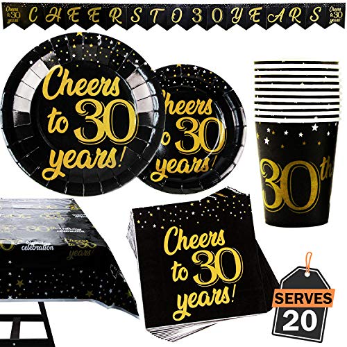 Product Cover 82 Piece 30th Birthday or Anniversary Party Supplies Set Including Plates, Cups, Napkins,Banner and Tablecloth, Serves 20