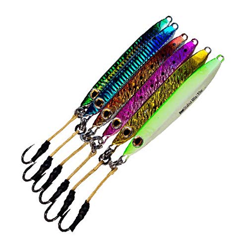 Product Cover Flat Side Vertical Fast Irons Speed Ocean Jigs w/ MUSTAD Hooks & OWNER Rings | Military Grade Kevlar Assist Cord | 7 Colors & 5 Weights | Scientifically Proven Color & Depth Hydro-Engineering