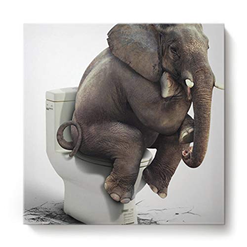 Product Cover Square Canvas Wall Art Oil Painting for Bedroom Living Room Home Decor,Funny Elephant Sitting on The Toilet Animal Pattern Office Artworks,Stretched by Wooden Frame,Ready to Hang,16 x 16 Inch