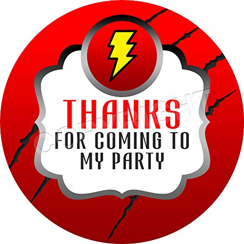 Product Cover Superhero Lightning Flash Logo Sticker Labels (24 Stickers, 1.8'' Inch Each) Seals Ideal for Treat Favor Party Bags Candy Cones Jars Gift Boxes Bottles Crafts