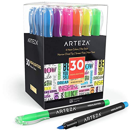Product Cover ARTEZA Highlighters Set of 30, Narrow Chisel Tip, Bulk Pack of Markers in 6 Assorted Neon Colors, Made with Non-Toxic Ink, for Highlighting in the Home, School, or Office