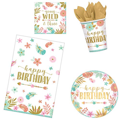 Product Cover BOHO 3rd Birthday Party Supplies Pack for 16 Guests | Girl Young Wild and Three Theme (Basic ParteePak)
