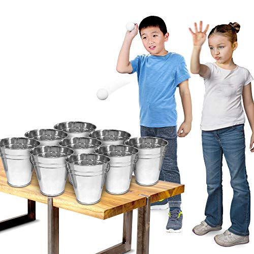 Product Cover Gamie Bucket Ping Pong Ball Game Includes 9 Metal Buckets, 12 Balls, and 1 Number Sticker Sheet - Fun Party Activity for Kids and Adults, Great Gift Idea for Kids
