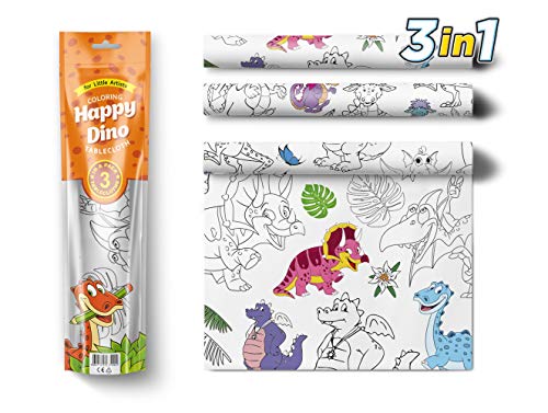 Product Cover Large Coloring Tablecloth Water Resistant Poster for Kids and Toddlers Colorable Frame «Happy Dragons» 3 in 1 Fun Painting Activity for Party and Decor Table Doodle Board