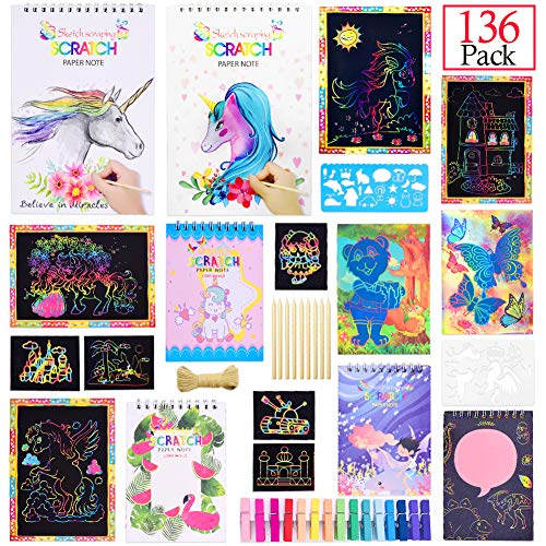 Product Cover monochef Rainbow Unicorn Scratch Art Set, 136 Pcs Include Doodle Notes with Wooden Stylus, Drawing Template and Clip, Cords
