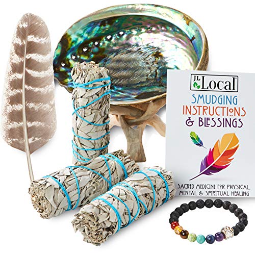 Product Cover JL Local 3 White Sage Smudge Gift Kit - Abalone Shell, Feather, Stand, Instructions & More - Smudging, Cleansing, Healing & Stress Relief