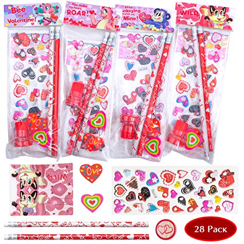 Product Cover JOYIN 28 Pack Assorted Valentines Day Stationery Kids Gift Set Valentine Classroom Exchange Party Favor Toy