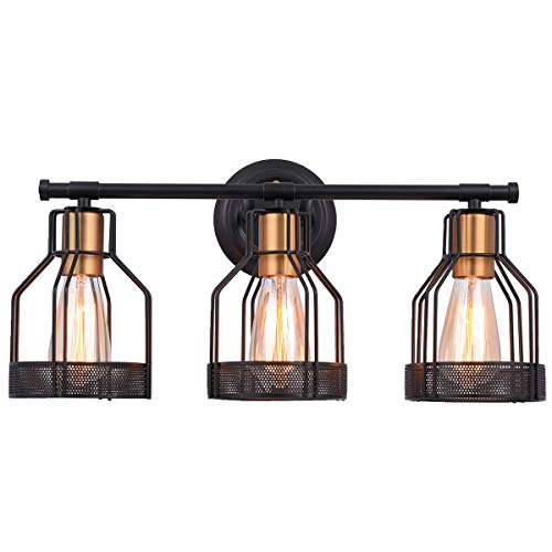 Product Cover Pauwer Industrial Bathroom Vanity Light Metal Cage Wall Sconce Edison Vintage Wall Light Fixture for Bathroom (3-Light Vanity Light)